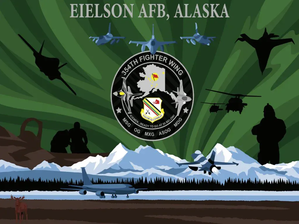 Approved artwork for an Eielson Air Force Base paint-by-number mural featuring aircraft, mountains, and the 354th Fighter Wing emblem