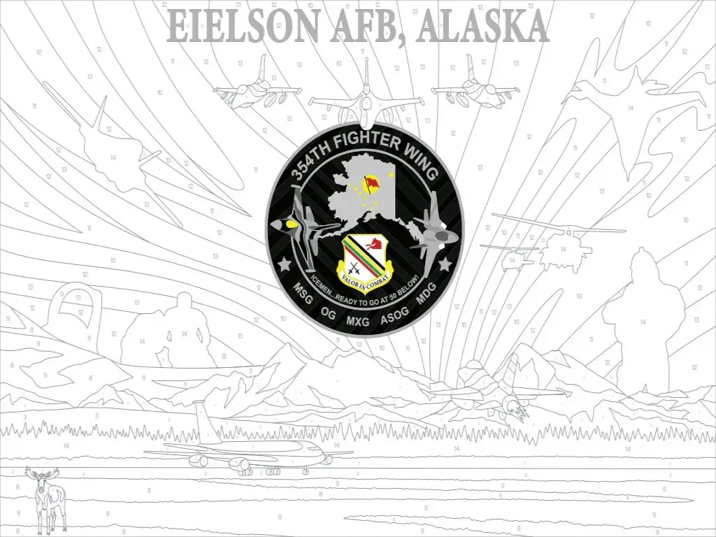 Numbered Eielson Air Force Base paint-by-number mural design with the central 354th Fighter Wing emblem prefilled