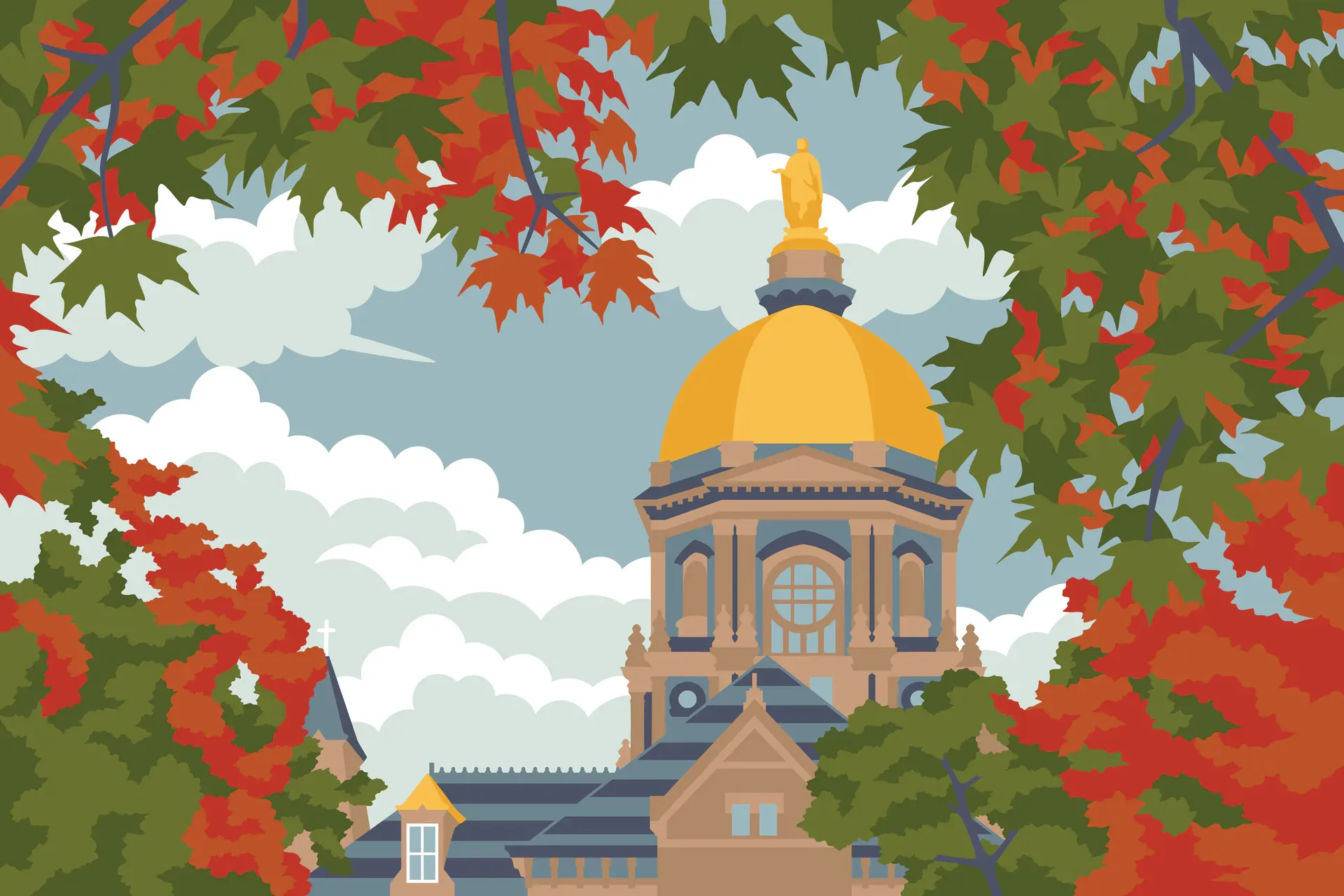 Notre Dame Golden Dome mural artwork framed by red and green fall leaves