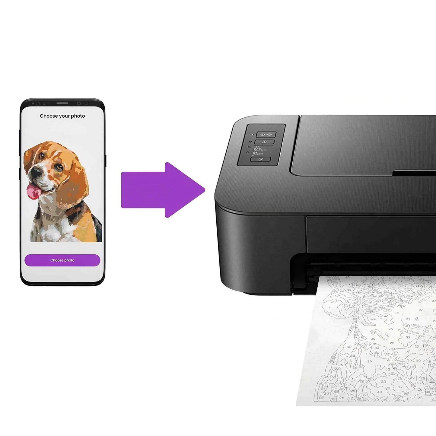 A smartphone displaying a painting preview of a dog with a 'Choose photo' button, pointing with a purple arrow towards a printer which is printing out a paint by number design of the dog.
